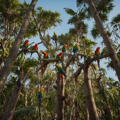 A group of parrots chattering among the tall trees.
