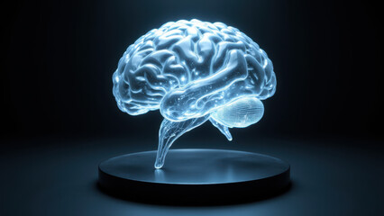 A glowing 3D printed human brain model with intricate details, possibly representing artificial intelligence or advanced technology.