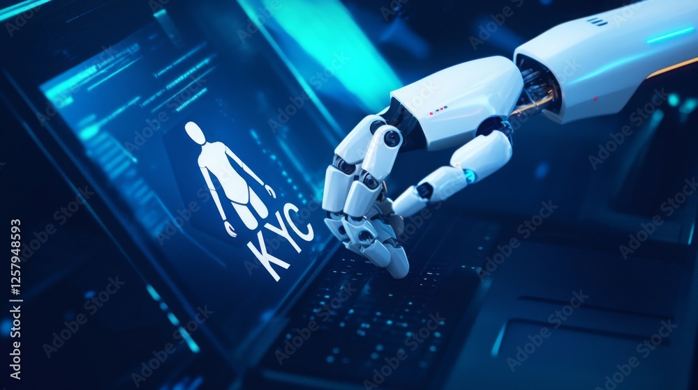 Leinwandbilder a robotic hand interacts with a digital screen displaying kyc (know your customer) information, high