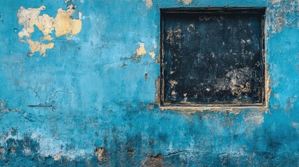 Blue wall with window and peeling paint