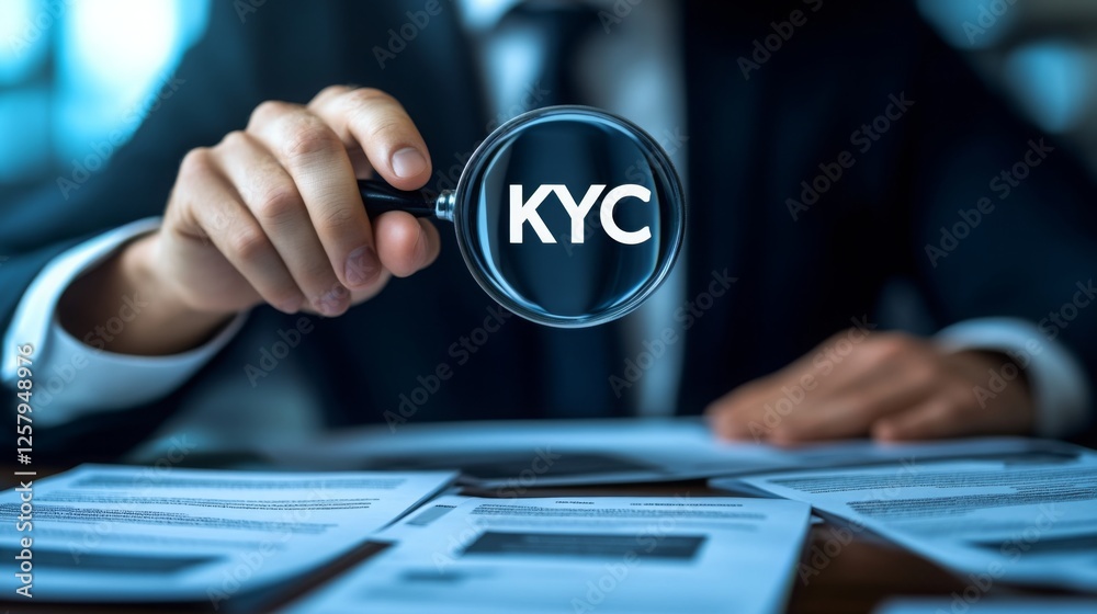 Poster A businessperson examines KYC documents using a magnifying glass, emphasizing the importance of identity verification and compliance in financial services.