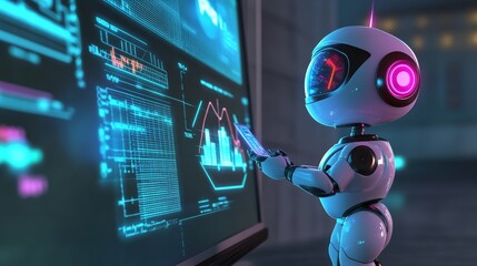 A baby robot presenting a futuristic graph on a digital whiteboard,