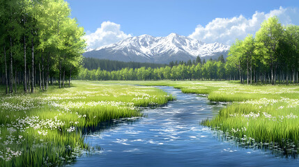 Fototapeta premium Spring meadow, stream, mountains. Background sunny sky. Use landscape art