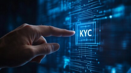A hand points to a digital screen displaying "KYC," symbolizing the importance of Know Your Customer in technology and finance.