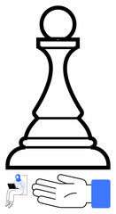 Chess pawn, hand gesture, person with laptop signify digital strategy, technology integration, decision-making, innovation, collaboration, modern business planning. Ideal for tech development