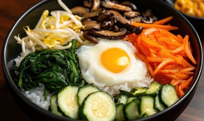 Colorful Korean bibimbap arranged in a traditional bowl with fresh ingredients