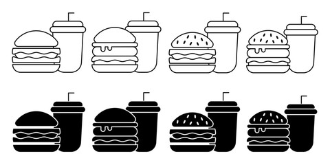 Fast Food Unhealthy Diet Icon Set. Vector Linear Illustration of Burger and Soda. Fast Food Unhealthy Diet in Line Style Design. Burger and Soda Symbol.