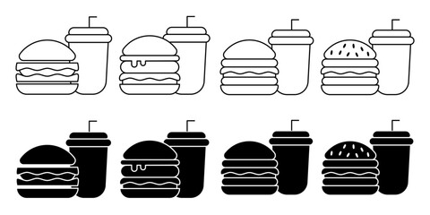 Fast Food Unhealthy Diet Icon Set. Vector Linear Illustration of Burger and Soda. Fast Food Unhealthy Diet in Line Style Design. Burger and Soda Symbol.