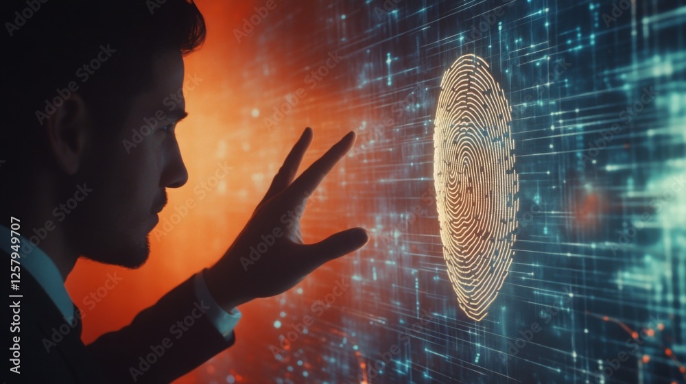 Poster a man interacts with a digital fingerprint display, emphasizing themes of cybersecurity and digital 