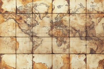 Obraz premium An antique world map constructed from individual square tiles
