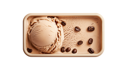 Delicious coffee ice cream in a rectangular container with coffee beans.