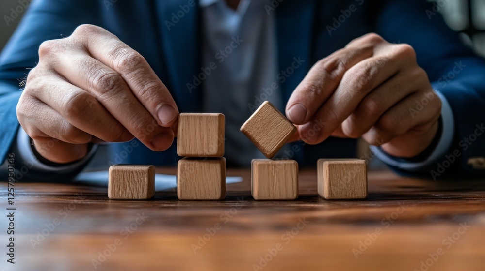Fototapete A person in a suit arranges wooden blocks on a table, symbolizing strategy, growth, and progress in a business context.