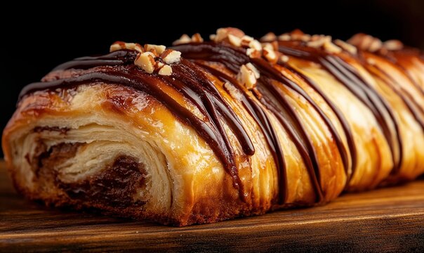 Freshly baked chocolate hazelnut babka loaf with glossy finish