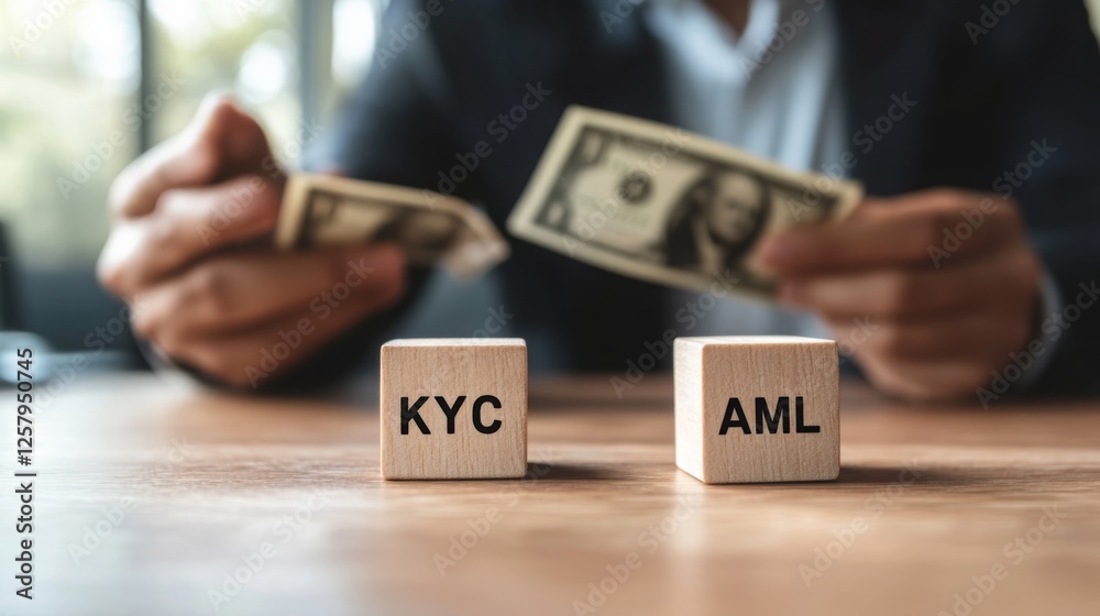 Poster the image shows a person handling cash while wooden blocks labeled 