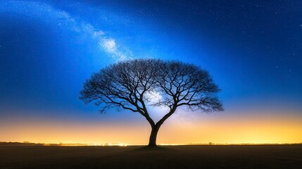 Silhouette of a large tree against a vibrant night sky filled with stars and a vibrant Milky Way. A flat plane of golden yellow light from the