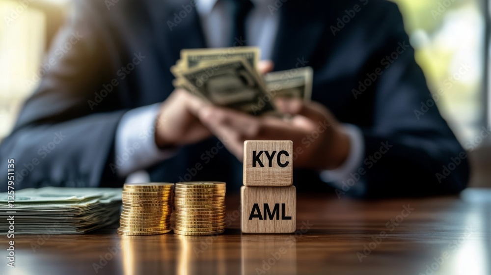 Poster a businessman counts cash with kyc and aml blocks, highlighting key concepts in finance and complian