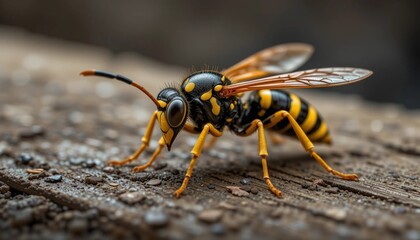 Close-Up of a Wasp on a Wooden Surface