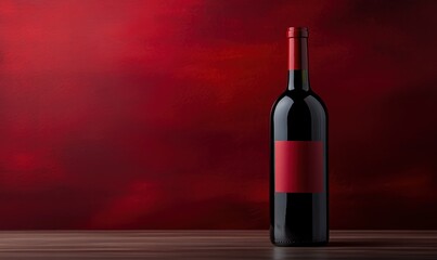 Fototapeta premium Red wine bottle with blank label placed on wooden surface against red background