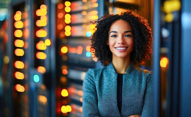 Young woman with curly hair smiles confidently while standing in a modern data center with glowing servers in the background symbolizing innovation, and expertise. 