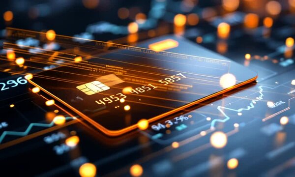 Digital credit card on circuit board, financial data background, online banking concept, website use