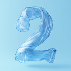 Fluid transparent number two in light blue color on soft blue background