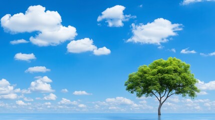 Obraz premium Peaceful scene of a solitary tree standing on a calm body of water, beneath a vibrant blue sky scattered with fluffy white clouds. The tree boasts a