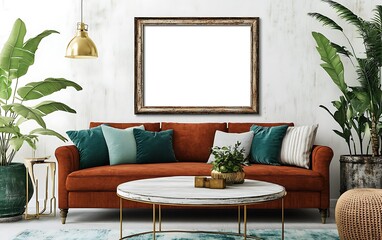 Rustic living room interior mockup; sofa, plants, frame