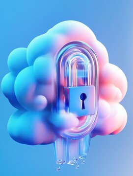 Abstract illustration of cloud security services, stylized cloud icon integrated with a secure padlock symbol, representing data protection and cybersecurity in cloud computing environments.