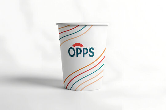 This is a white paper cup with the word "OPPS" and colorful stripes on it.
