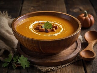 Rustic Pumpkin Soup in a Bowl on a Wooden Table Seasonal Comfort Food for Autumn Dinner