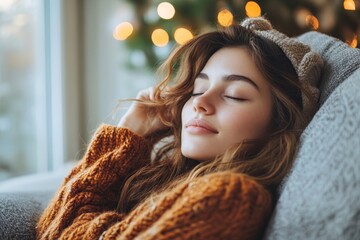 Young woman enjoying mind free moment relax and calm on the sofa at home