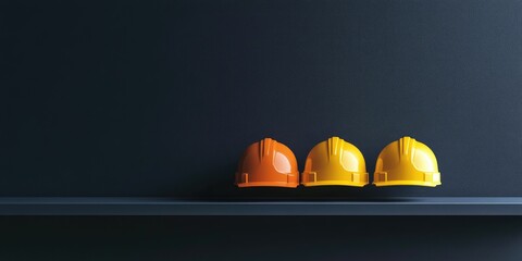 A minimalist composition of three construction helmets on an empty shelf, against a dark grey background with copy space.