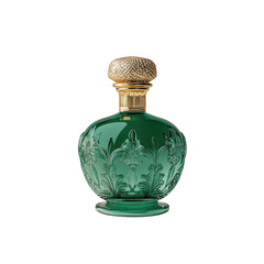 Elegant green perfume bottle with intricate designs on a white isolated background.