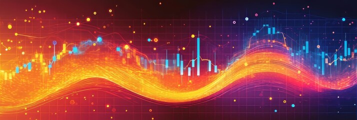 Abstract Financial Graph with Candlestick Patterns, Market Data Visualization, Flowing Curves
