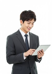 Photo of asian man business manager good and positive mood holding digital e-book tablet reading company report formal wear shirt blazer luxury suit white color background