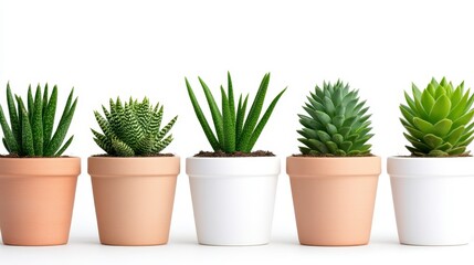 Five small succulents in terracotta and white pots, arranged in a horizontal row against a plain white background. The succulents exhibit various