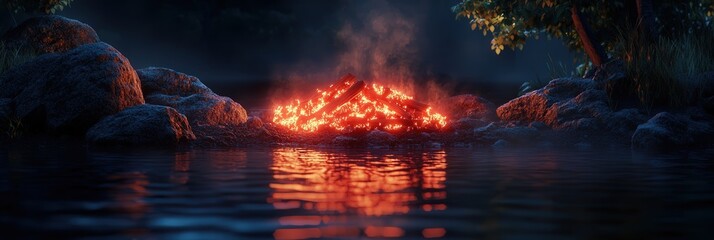 Fototapeta premium a campfire with glowing red coals beside a dark lake, the warmth of the fire lighting up the surroundings
