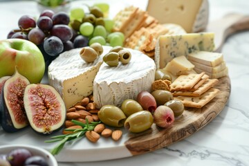 Gourmet cheese plate with fruits and nuts on marble. Neural network AI generated