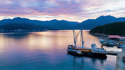 High angle view of a dark hulled vessel in a calm harbor at sunset. The water reflects the vibrant colors of the sky, a mix of purples, pinks, and