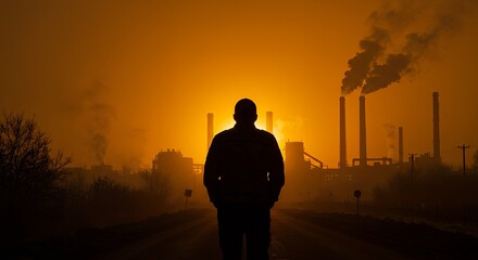 Silhouette Person Walking Toward Industrial Plant with Pollution at Sunset