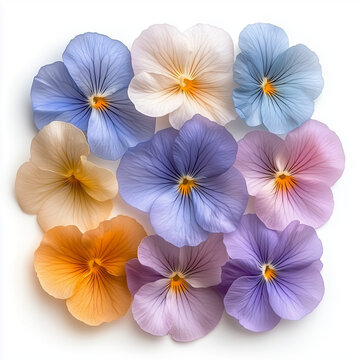 freestanding color pansies petals, isolated only on white