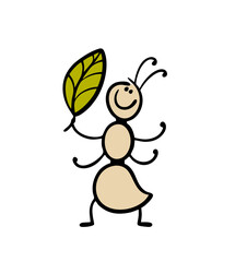 Cartoon funny ant at work. Vector illustration of an insect in the forest carrying a green leaf, building a house. Isolated funny character on white background.