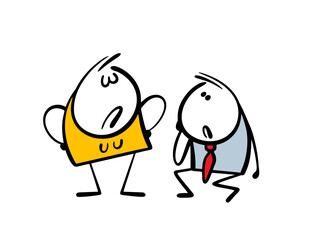 Girl dominates the family. Vector illustration of a strict wife and a weak husband. Stickman is afraid, insecure person with complexes, woman humiliates, abuse.