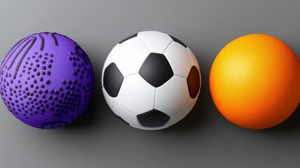 Three stylized balls, arranged horizontally, against a gray background. The ball on the left is purple with a textured pattern. The center ball is a