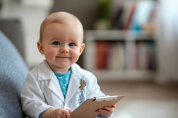 A baby wearing a tiny lab coat and holding a clipboard, representing future scientists,