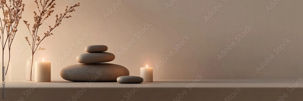 Poster relaxing spa setting with smooth stones, soft candlelight, and a serene atmosphere for unwinding and