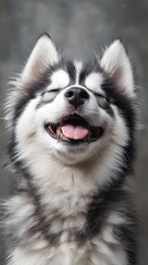 Obraz premium Smiling Husky: A close-up of a happy Husky puppy with its eyes closed and mouth open in a joyful expression.