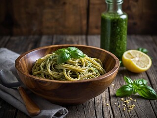 Homemade Spaghetti with Pesto and Fresh Ingredients in Rustic Wooden Bowl