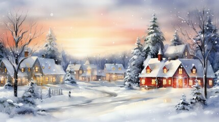 Fototapeta premium village water color christmas