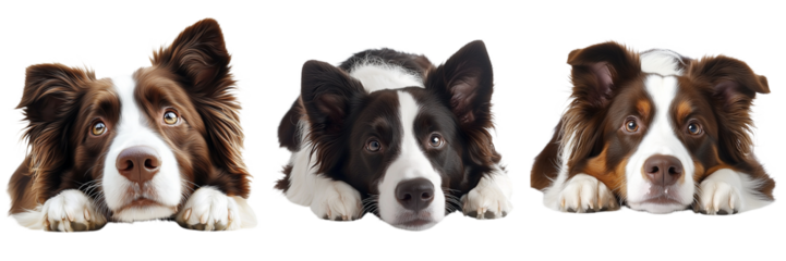 Three Border Collies with varying coat patterns resting peacefully, showcasing their expressive eyes and unique fur textures.